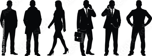 Professional business people silhouettes set including men and women in formal suits standing walking and talking on phone for corporate design,