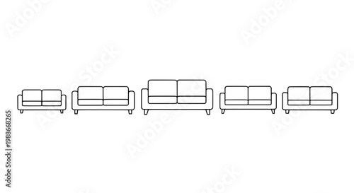 Sofa set line icon with various sizes and minimalist design, including two-seater and three-seater configurations