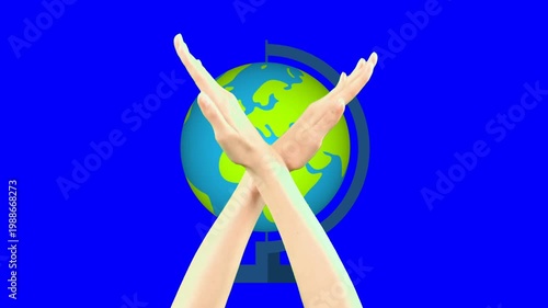 Hands Crossing in Front of a Globe on Blue Background Concept of Global Unity.