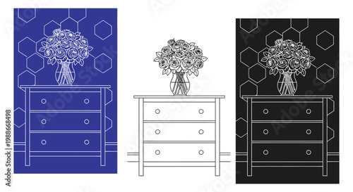Dresser vector illustration with flowers in vase on top in various colors