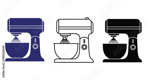 Mixer vector icons in blue, white, and black colors for baking design
