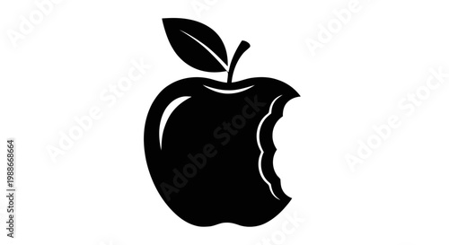 Vector illustration of black silhouette of a bitten apple with a leaf icon on a transparent background