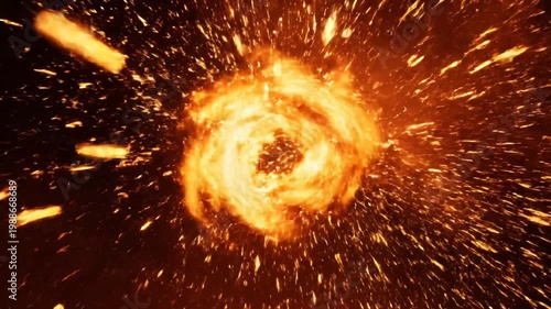 Dynamic orange light trail with spark burst on black