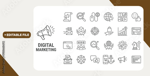 Digital marketing line icons set. Customers, advertising, website, global business, content, SEO, social media, mail, strategy, positive feedback, online shop - stock vector.