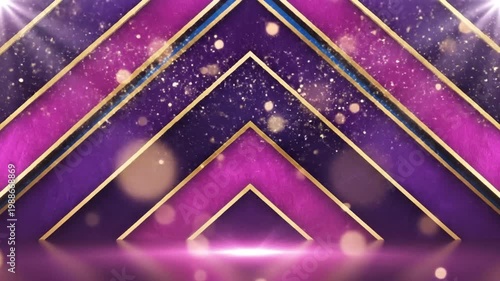 Elegant purple and gold geometric stage background with sparkling light