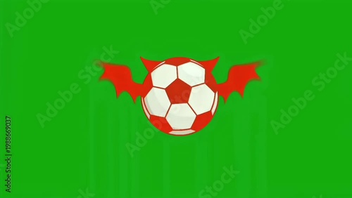 Animated Soccer Ball with Devil Wings on Green Screen Background.