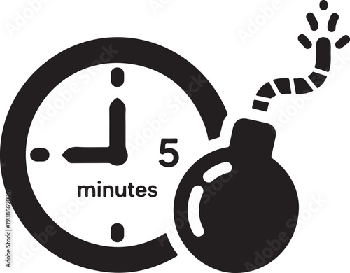 Bomb clock timer, countdown bomb, explosive time limit, black vector icon
