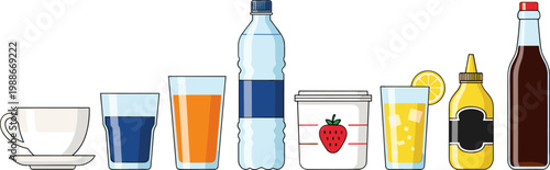 Beverage Drink Collection Vector Set with Coffee Juice Water Soda Honey and Sauce Bottles for Menu Design Cafe Illustration and Food Packaging Graphics