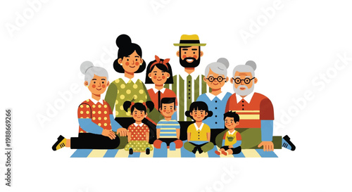 Family portrait illustration depicting multi generational group sitting together