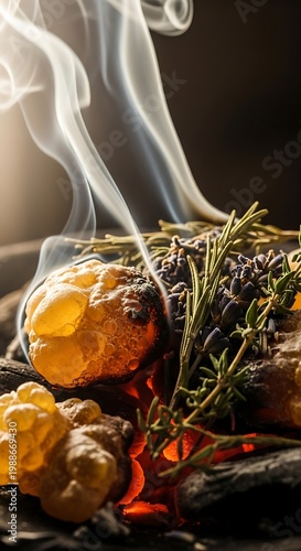 Aromatic herbs and amber resin smolder over glowing embers, releasing wisps of smoke
