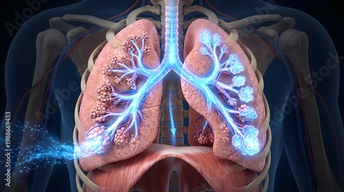 Detailed illustration of a human respiratory system, highlighting the lungs and airways. This image showcases the complexity of the human anatomy