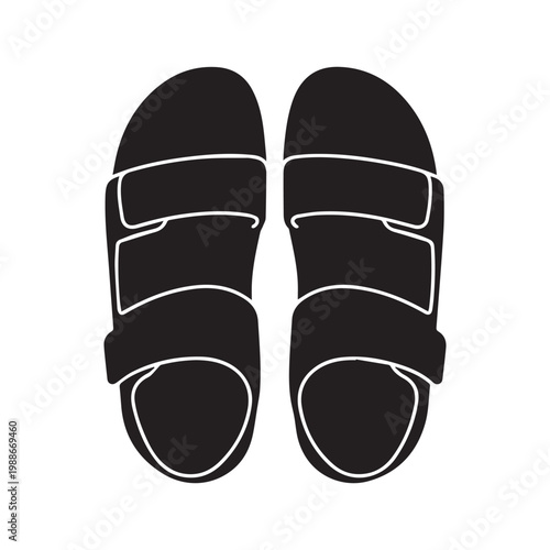 A top-down view of a pair of two-strap comfort sandals rendered as a solid black silhouette with subtle white outlines.