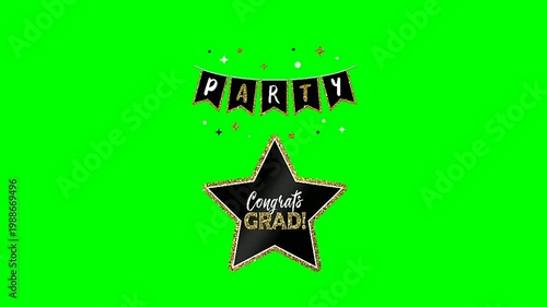 Animated Party Banner with Stars and Confetti on Green Screen Background.