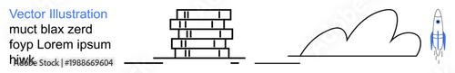 Innovation, progress, business growth, technology, brainstorming, conceptual design. Stacked rectangles, a cloud and a rocket. Innovation and progress with futuristic elements
