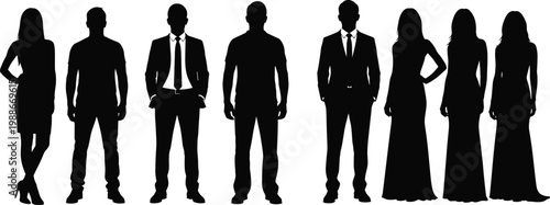 Set of diverse people silhouettes including businessmen in suits and women in evening dresses standing isolated on white background, professional group.