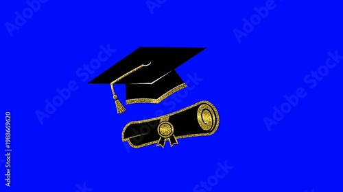 Graduation Cap and Diploma on Blue Background for Education Concepts.