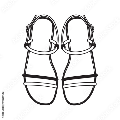 A delicate line art rendering of a pair of elegant strappy sandals featuring thin straps and small buckles, viewed from above.