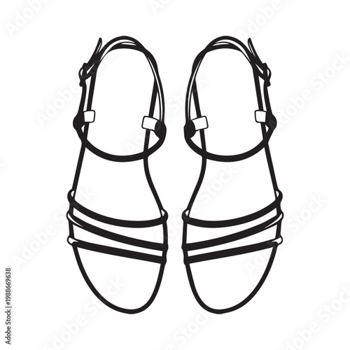 A top-down silhouette of a pair of elegant strappy sandals featuring multiple thin straps, presented in solid black with white contours.