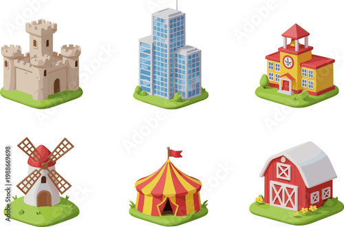 Building Icon Set Featuring Castle Skyscraper School Windmill Circus Tent and Barn in Isometric Style for Game Design Maps and Urban Illustration