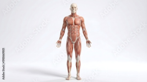 Anatomical illustration of the human body, showcasing muscles and skeletal structure