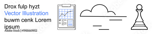 Business strategy, analysis, creativity, decision-making, growth, and forecasting. A clipboard with a chart, a cloud icon and a chess pawn. Business strategy and decision-making visualization