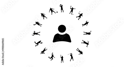 Central Figure Surrounded by Diverse Sports Silhouettes.
