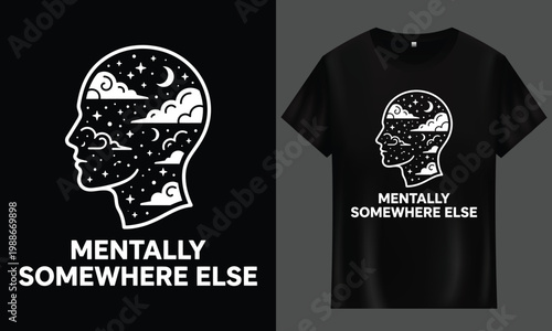 Mentally somewhere else silhouette head night sky vector t-shirt design with t shirt silhouette imagination abstract illustration background