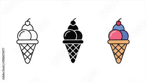 Three ice cream cone icons in different styles isolated on white background