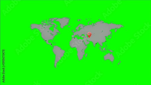 Animated world map with airplane routes and destination markers on green screen.