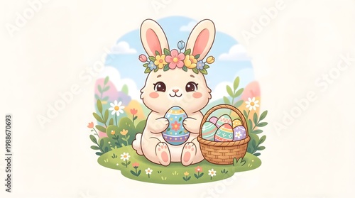 An adorable bunny surrounded by an array of colorful Easter eggs in a floral and nature setting