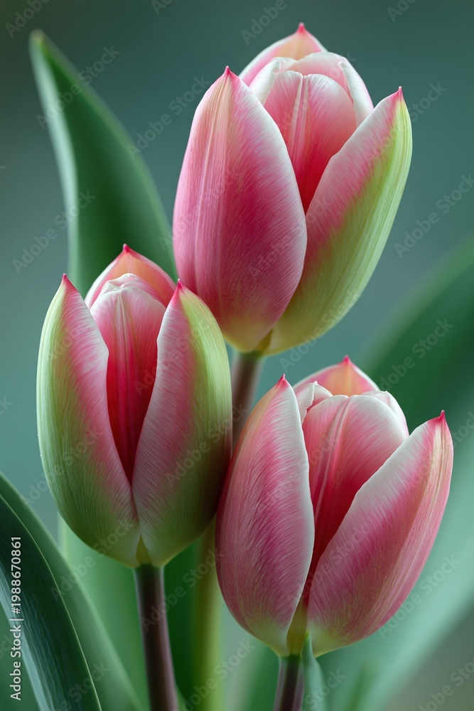 Fototapeta premium Three pink tulip buds poised against muted green background