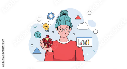 A modern flat vector illustration shows a smiling woman in a beanie holding a piggy bank surrounded by business and finance icons and graphs.