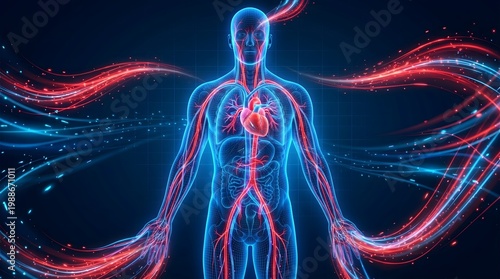 Illustration of the human circulatory system, showcasing arteries and the heart