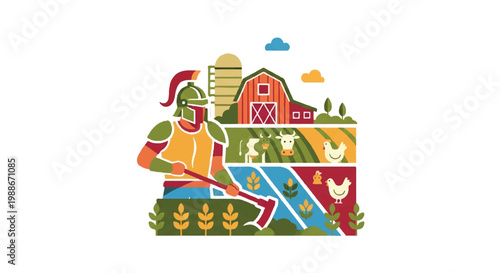 Cartoon illustration of roman figure farming with barn silo and agricultural elements