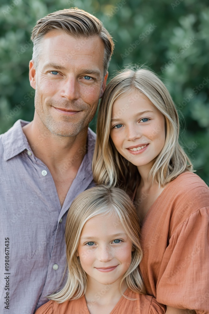 Fototapeta premium Father and two daughters smiling together in garden setting