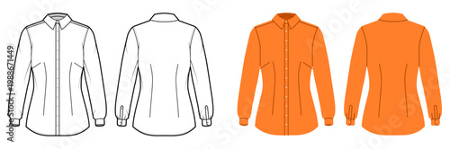 Fitted shirt with shaping seams, structured collar and button closure with long sleeves and tailored silhouette. Technical fashion illustration in black and white color, front and back views. Vector