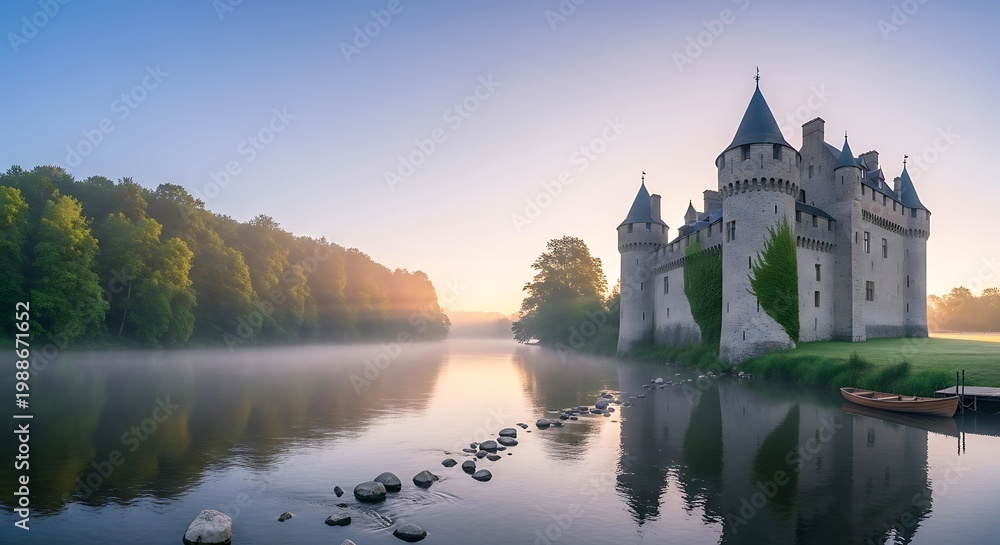 Fototapeta premium Ancient stone fortress beside misty tranquil river at sunrise, lush forest backdrop