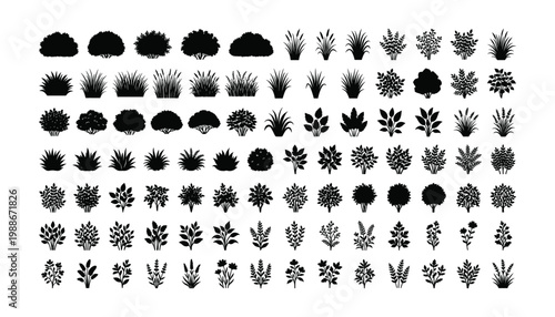 Large set of black silhouette plants and bushes vector for design on transparent background.