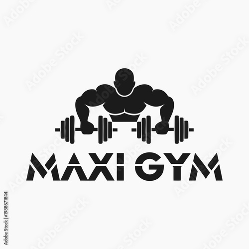 A muscular man lifting dumbbells in a modern gym logo design