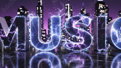 Glowing 3D music text with electric effects in night city