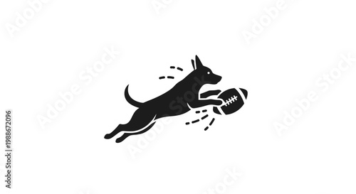 Dog running with a football in motion.