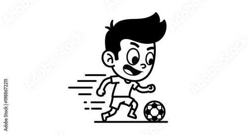a cartoon boy playing soccer happily.