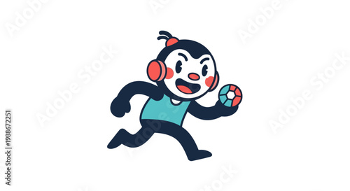 A cartoon monkey wearing headphones running with a ball.