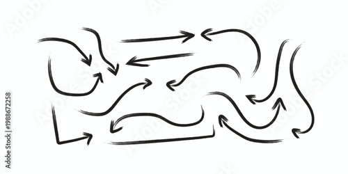 Abstract black and white sketch of interlocking arrows and curved lines