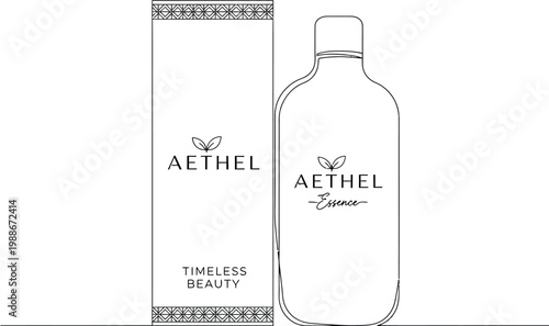 A minimalist cosmetic bottle and rectangular packaging box standing together to display a sleek brand logo design featuring elegant line art for a premium skincare product