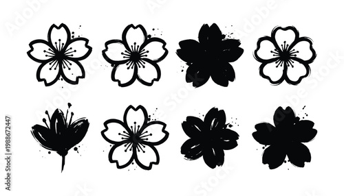 Hand painted cherry blossom flowers, black silhouette vector illustrations with transparent background, Japanese floral art.