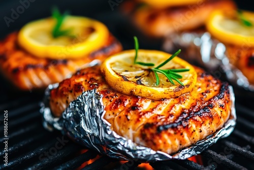 Salmon fillets wrapped in aluminum foil being grilled outdoors, topped with fresh lemon slices and rosemary twigs.