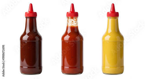 Three bottles of hot sauce lined up on a surface