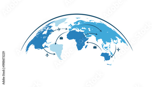 World map with airplane routes and travel icons indicating global connections on transparent background vector.
