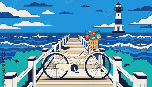 Scenic Coastal Walkway with Vintage Bicycle and Lighthouse Backdrop.eps